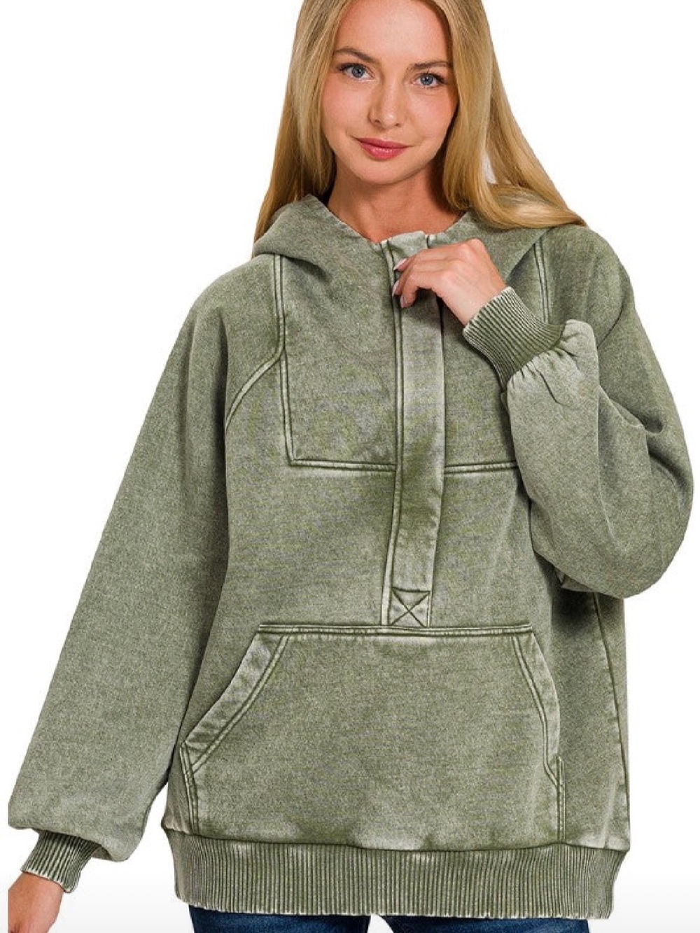Zenana Acid Wash Fleece Oversizedftt 1/4 Zip Kangaroo Hoodie